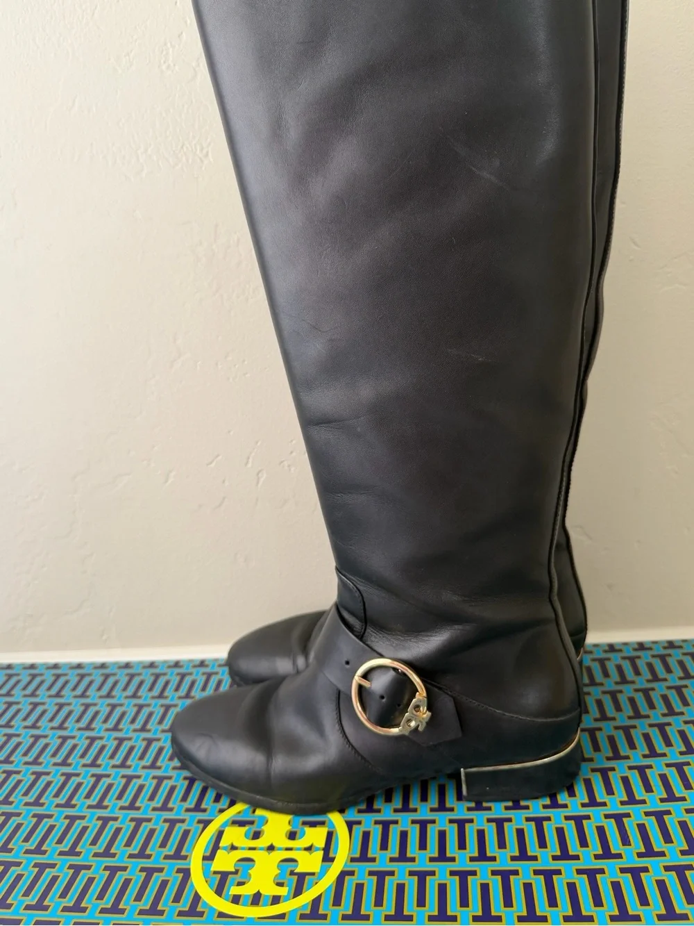 Tory Burch Black Leather Over-the-Knee Boots with Gold Buckle